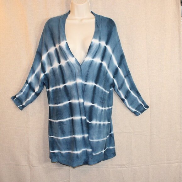 Torrid Blue & White Long Open Knit Cardigan Sweater Women’s Size 0 Tie Dye - Picture 4 of 12